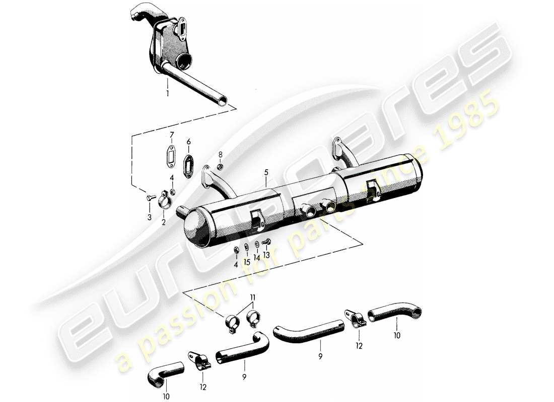 porsche 356b/356c (1961) exhaust system - heater - old version part diagram