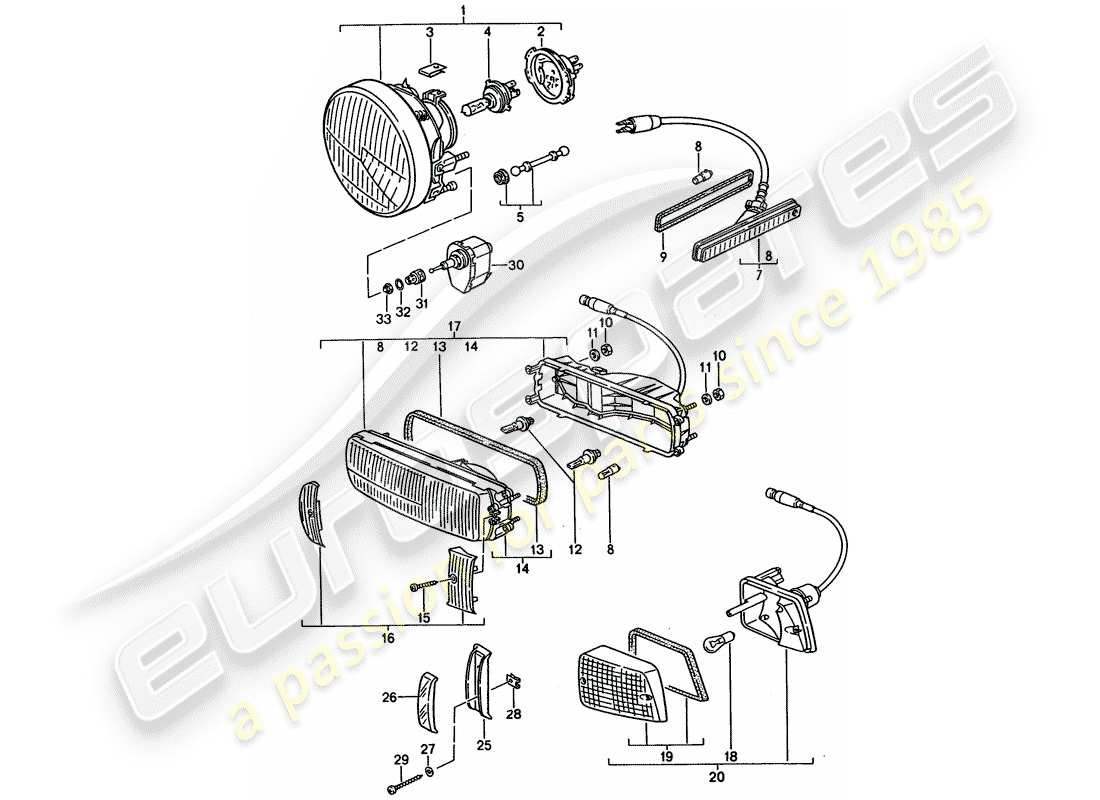 porsche 928 (1992) headlamp - turn signal parts diagram