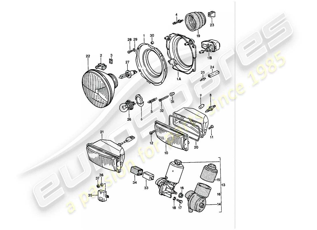 porsche 944 (1988) headlamp - electric motor - pop-up headlight parts diagram