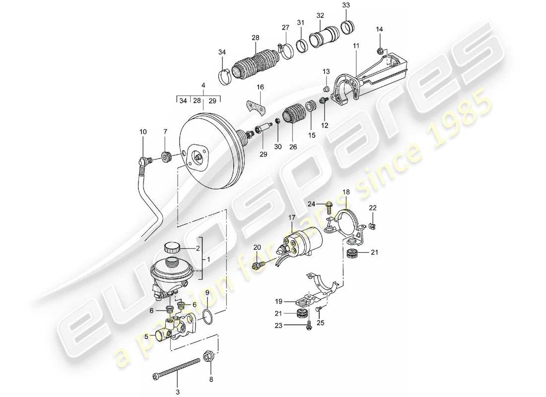 porsche 996 (1998) brake master cylinder - brake booster - clutch pump part diagram