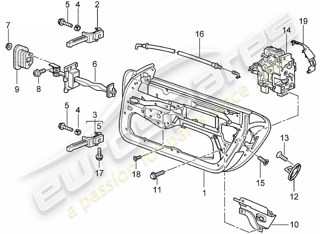 porsche 996 (2000) door shell - door latch part diagram