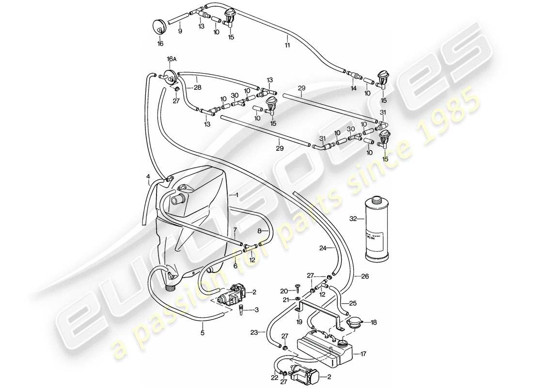 porsche 928 (1981) windshield washer unit parts diagram