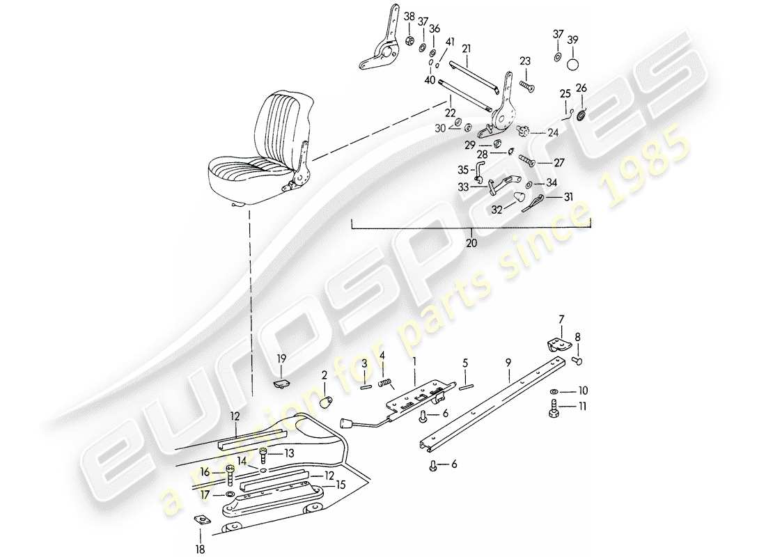 porsche 356b/356c (1961) seat rail - and - reclining seat mechanism part diagram