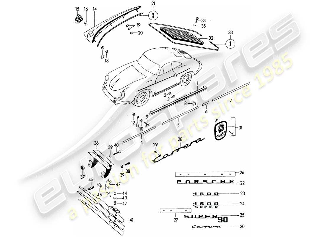 porsche 356b/356c (1961) decorative fittings part diagram