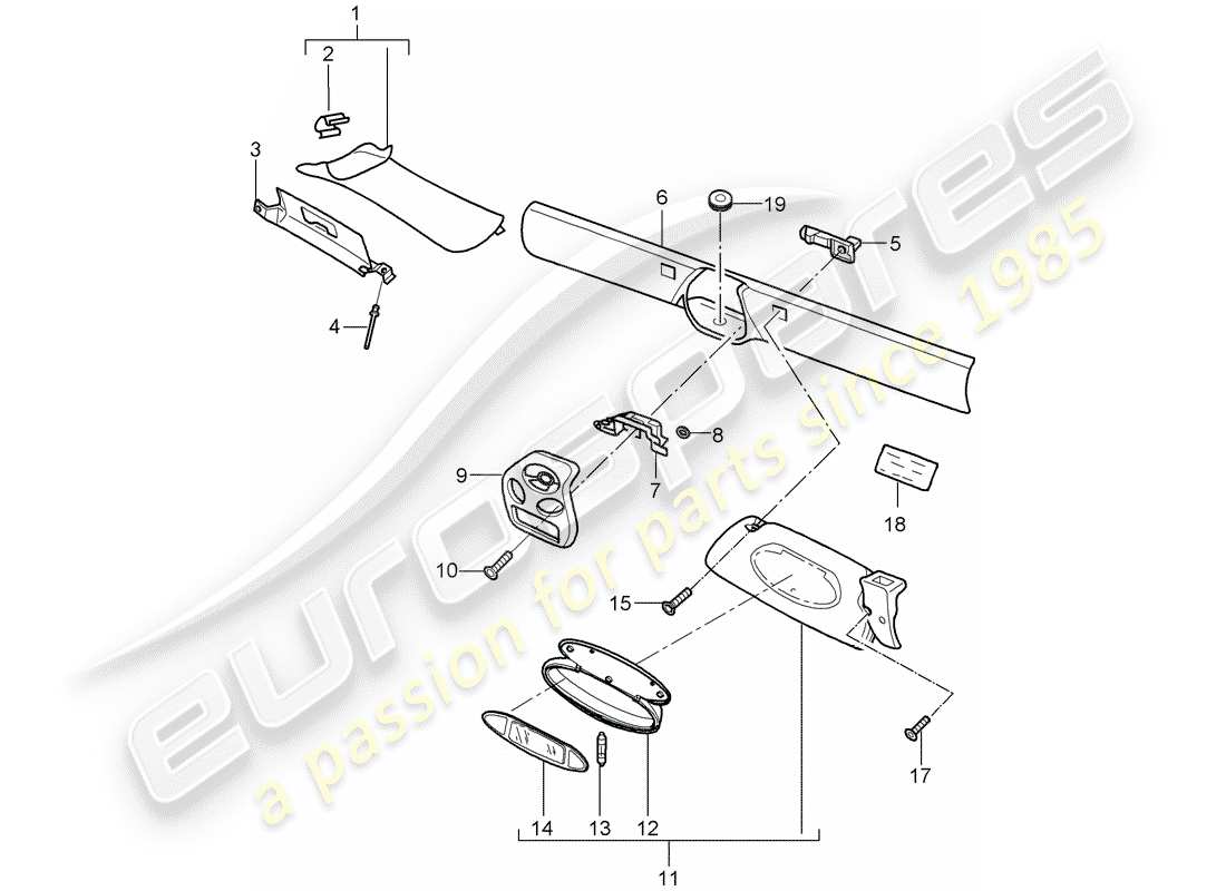 porsche boxster 986 (1997) windshield frame - sun vizors part diagram