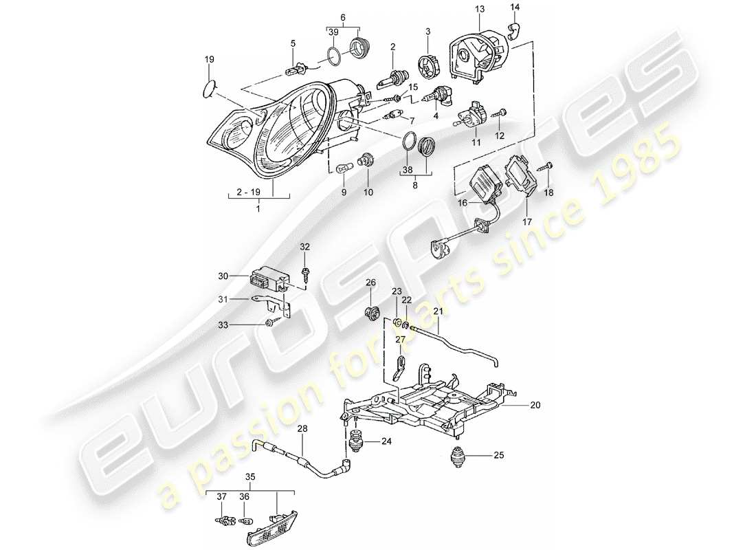 porsche 996 t/gt2 (2001) headlamp - turn signal repeater parts diagram