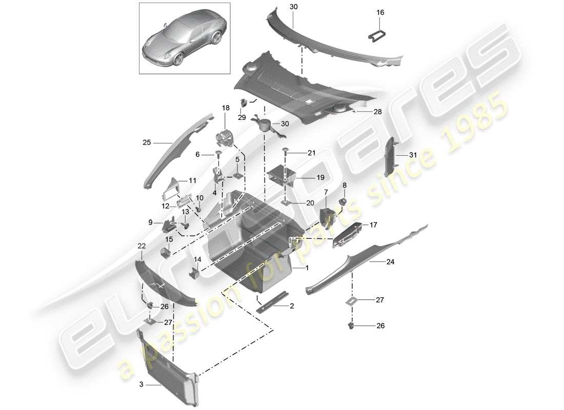 porsche 991 (2012) luggage compartment part diagram