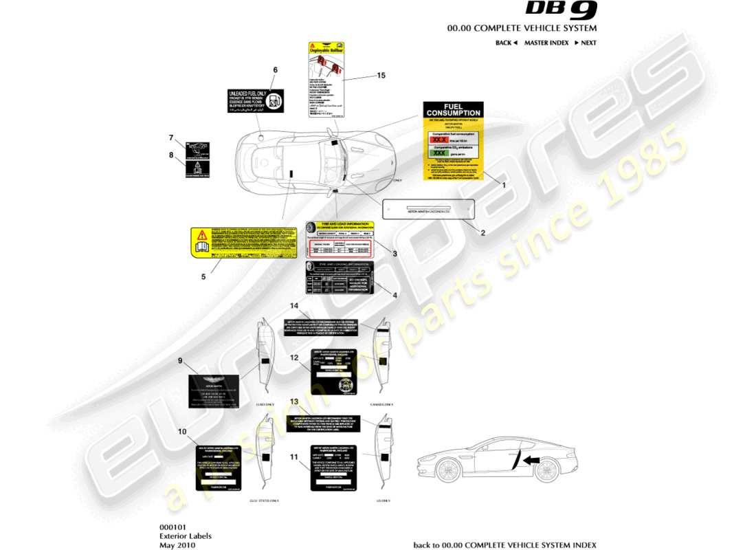 aston martin db9 (2011) exterior labels part diagram