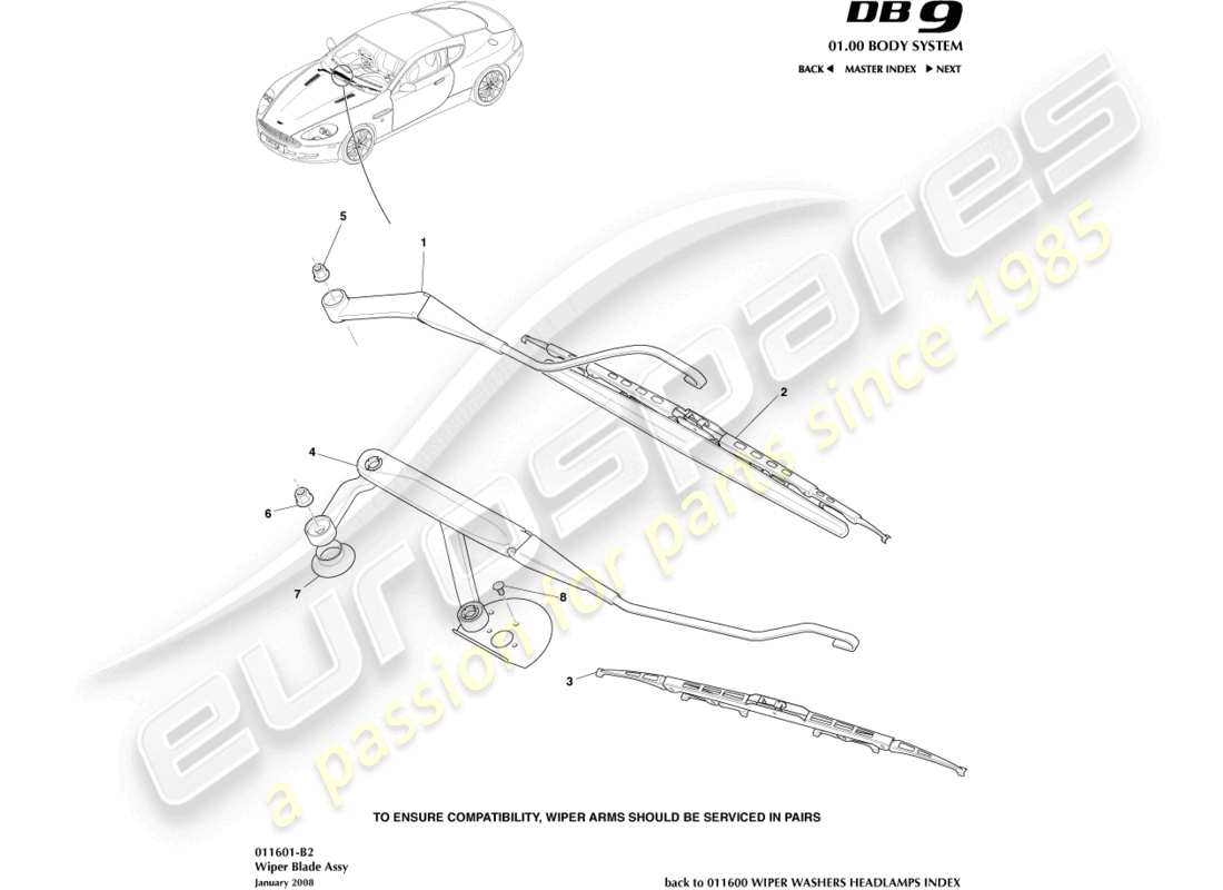 aston martin db9 (2012) wiper blade assembly part diagram