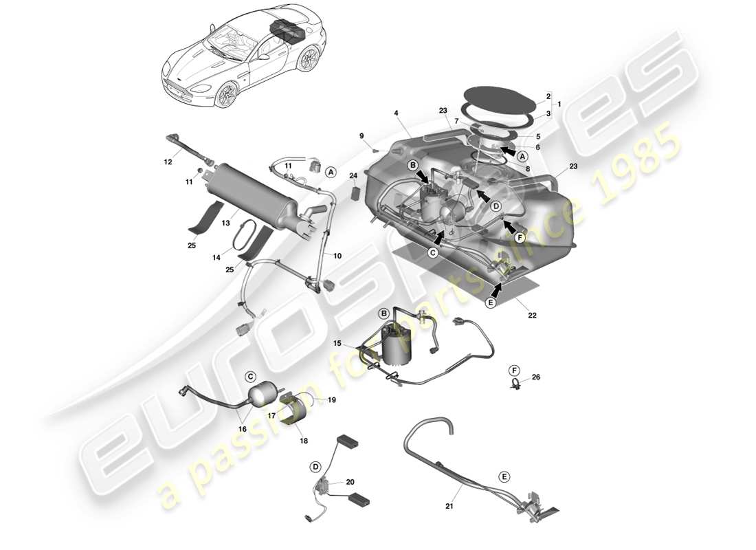 aston martin v8 vantage (2005) fuel tank assy, 13my on part diagram