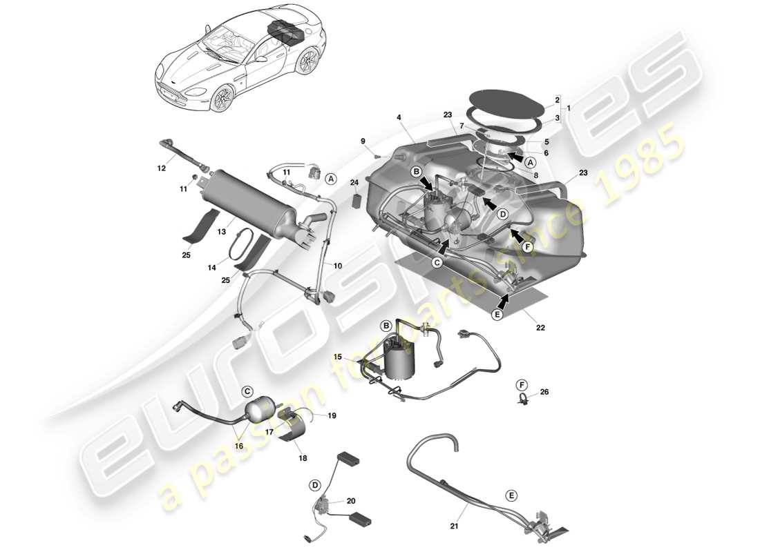 aston martin v8 vantage (2007) fuel tank assy, 13my on part diagram