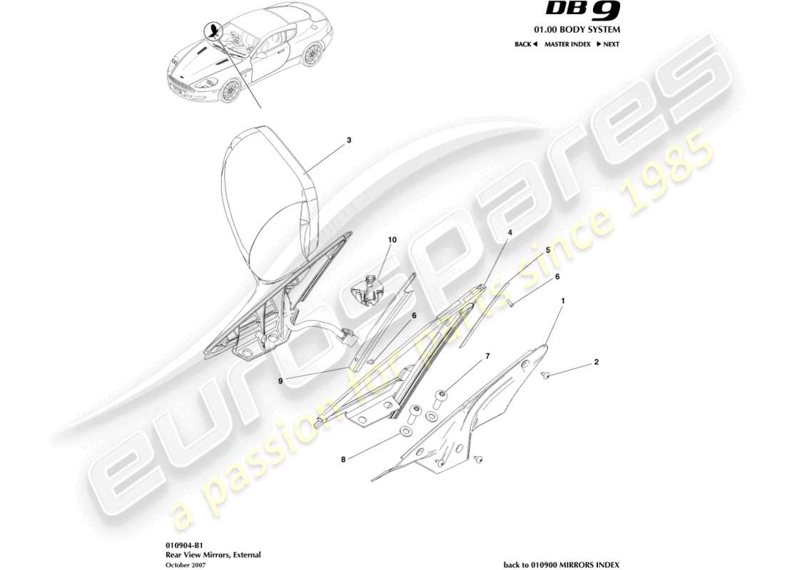 aston martin db9 (2011) exterior rear view mirrors part diagram