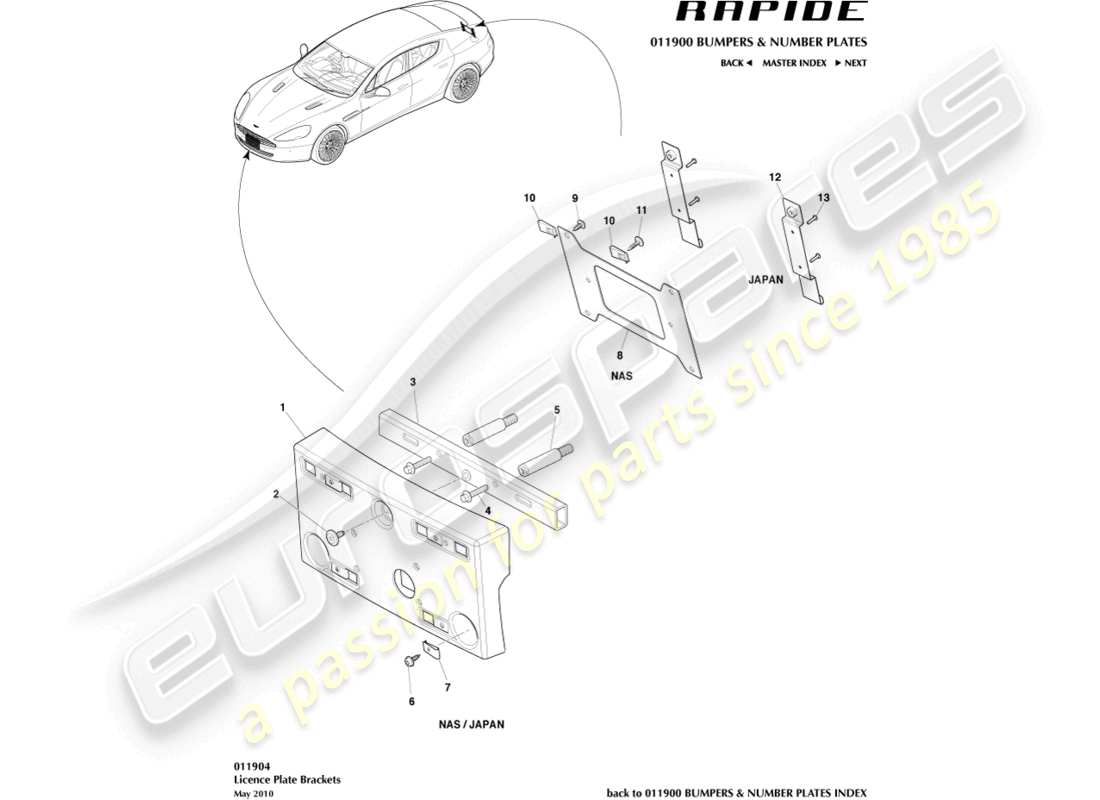 aston martin rapide (2011) number plate plinths part diagram