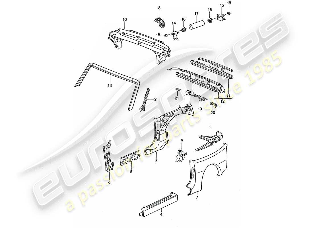 porsche 944 (1989) side panel - windshield frame - end plate part diagram