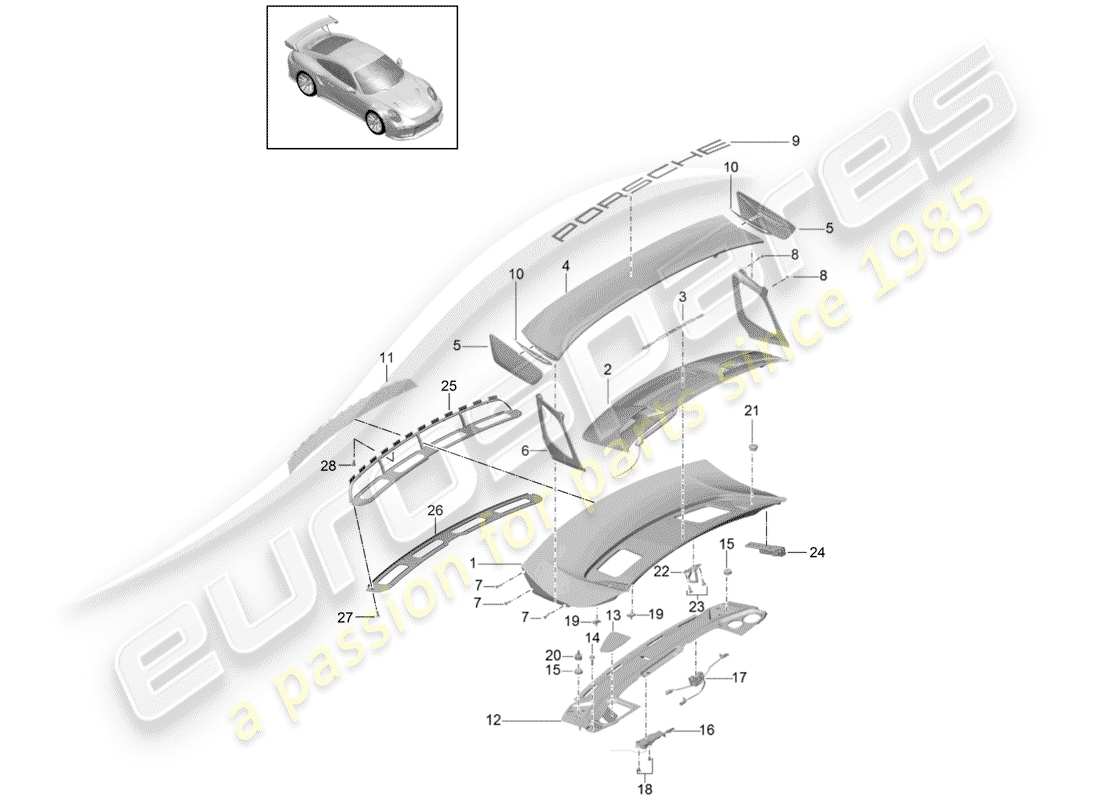 porsche 991 turbo (2014) rear trunk lid parts diagram