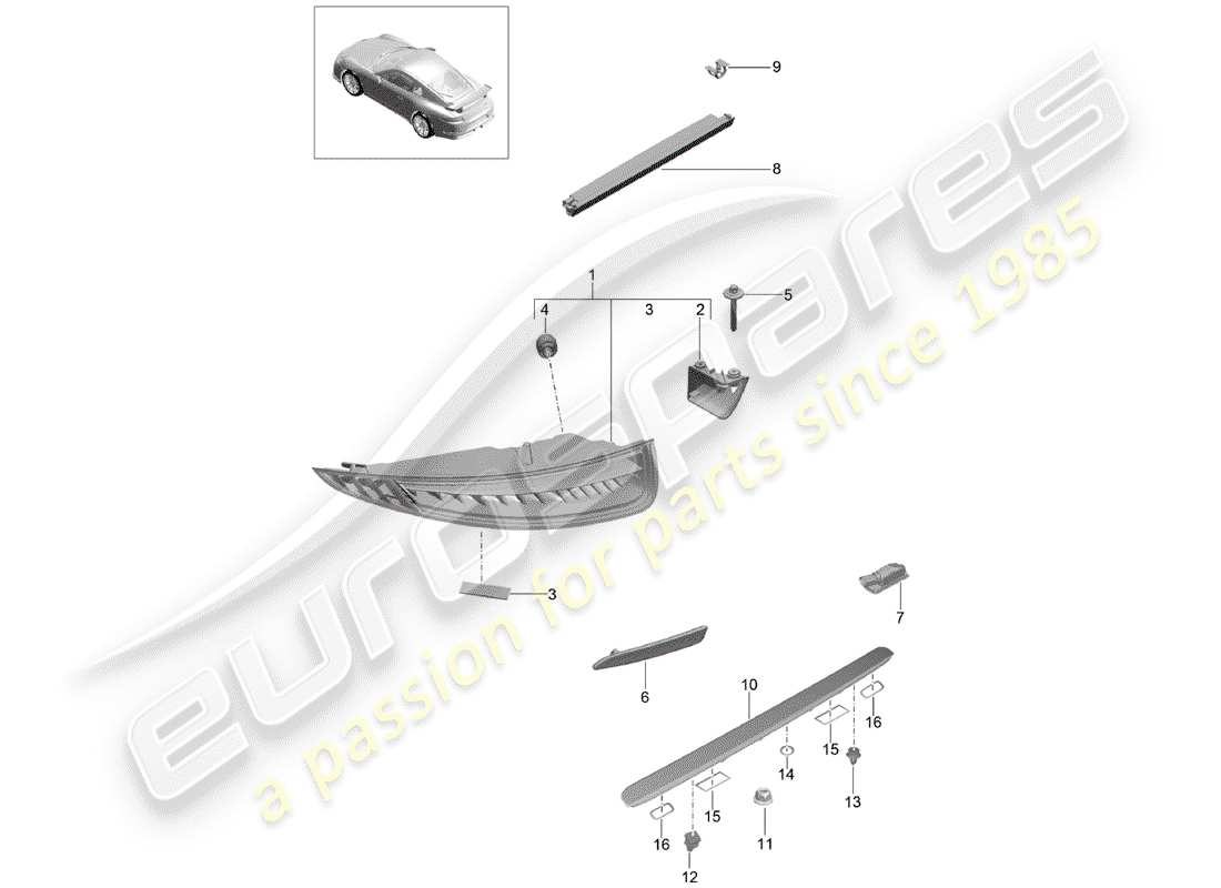 porsche 991r/gt3/rs (2015) rear light parts diagram