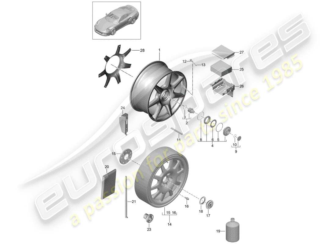 porsche 991 turbo (2019) alloy wheel part diagram