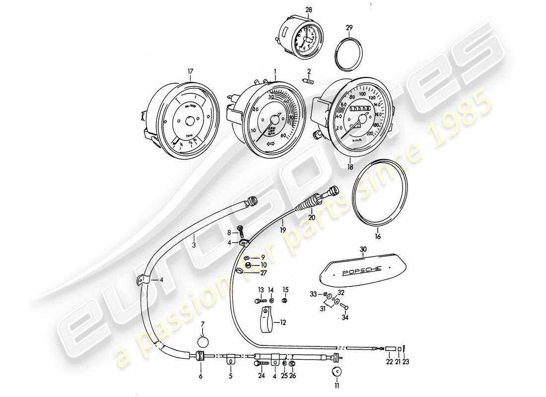 porsche 356b/356c (1964) instruments - mechanical parts diagram