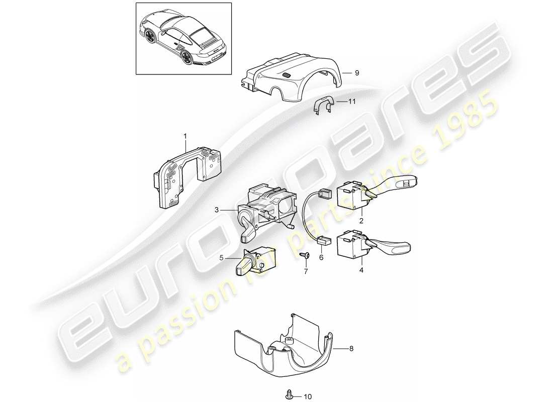porsche 911 t/gt2rs (2011) steering column switch parts diagram