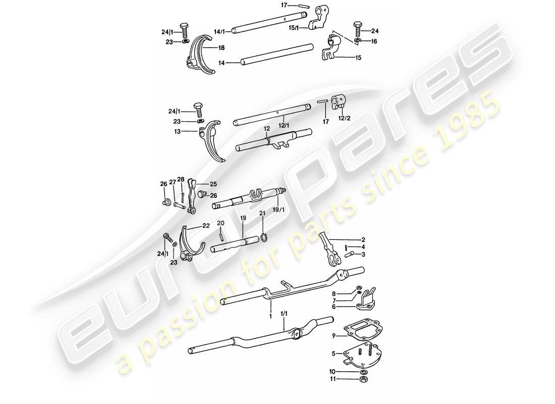 porsche 1975 (911) shift rods - shift forks parts diagram