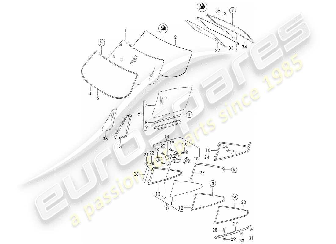 porsche 911 (1973) window glazing part diagram