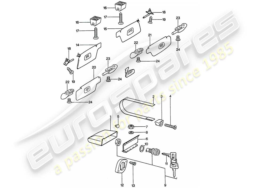 porsche 911 (1977) glove box - sun vizor part diagram