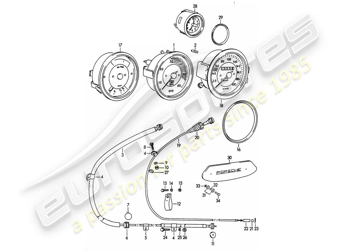 porsche 356b/356c (1960) instruments - mechanical part diagram