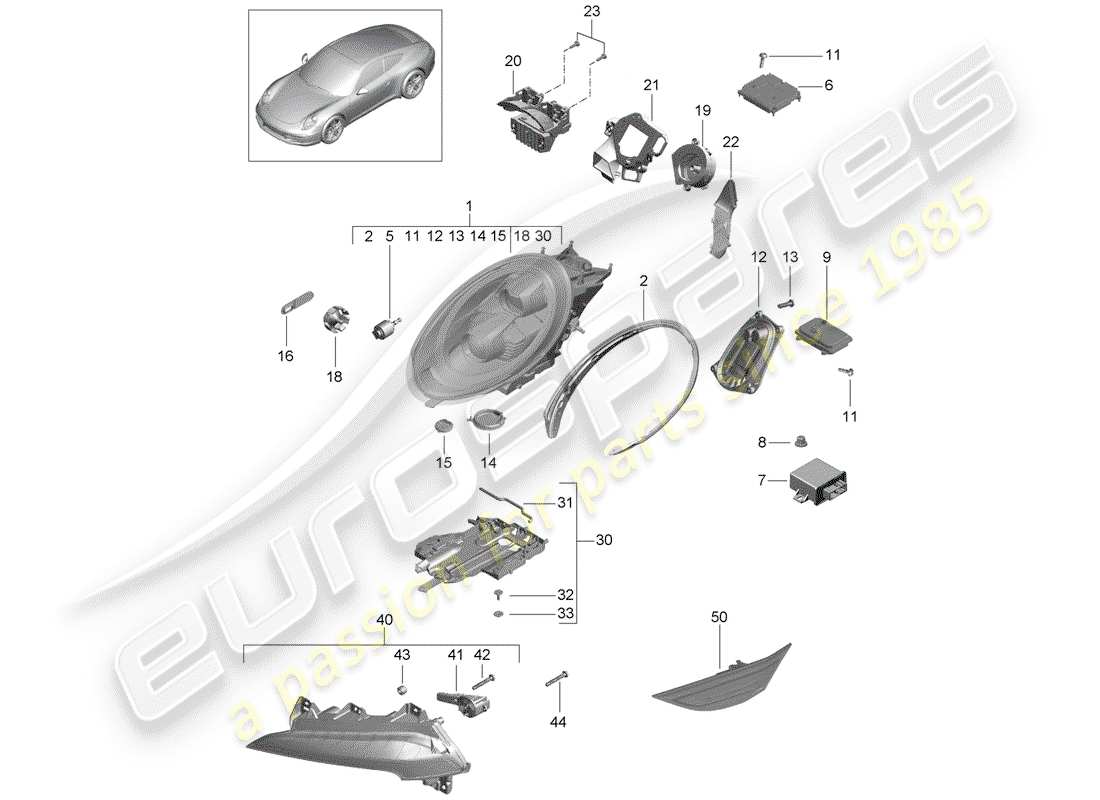 porsche 991 (2012) headlamp part diagram