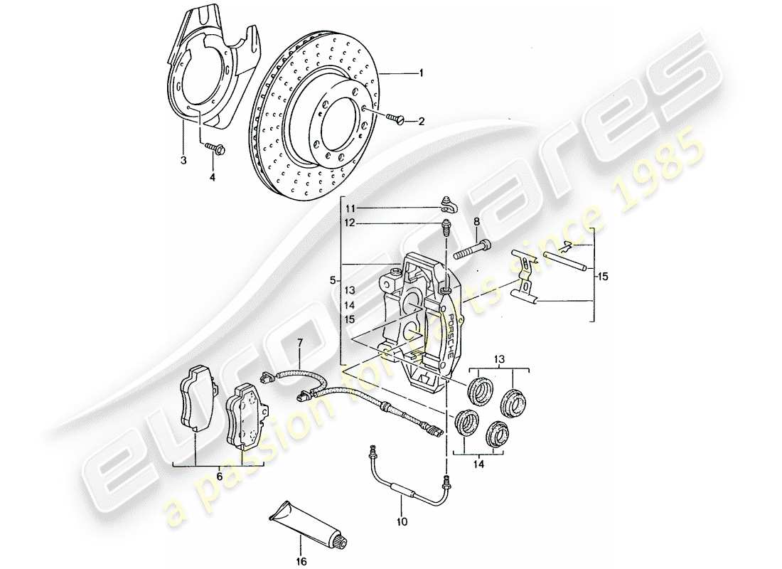 porsche 996 gt3 (2005) disc brakes - front axle parts diagram