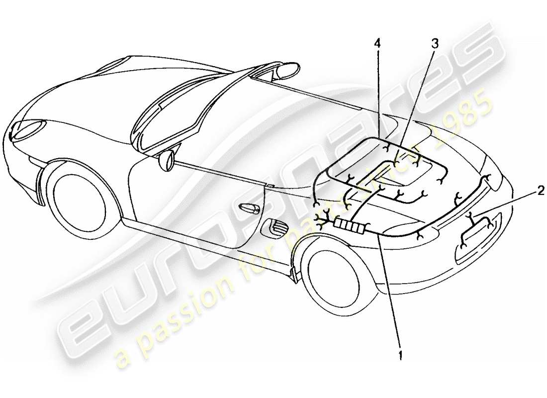 porsche boxster 986 (1999) wiring harnesses - rear end - license plate light - additional brake light - engine - repair kit - anti-locking brake syst. -abs- - brake pad wear indicator - rear axle parts diagram