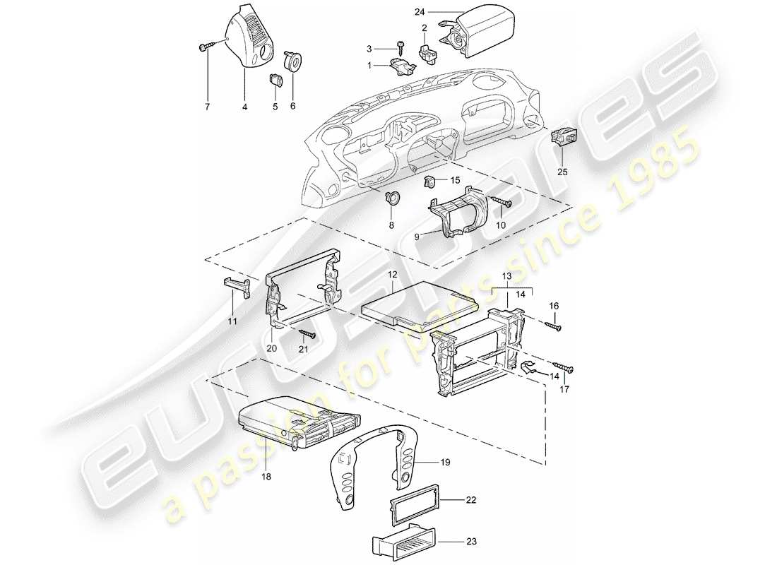 porsche boxster 986 (1997) accessories - dash panel trim parts diagram