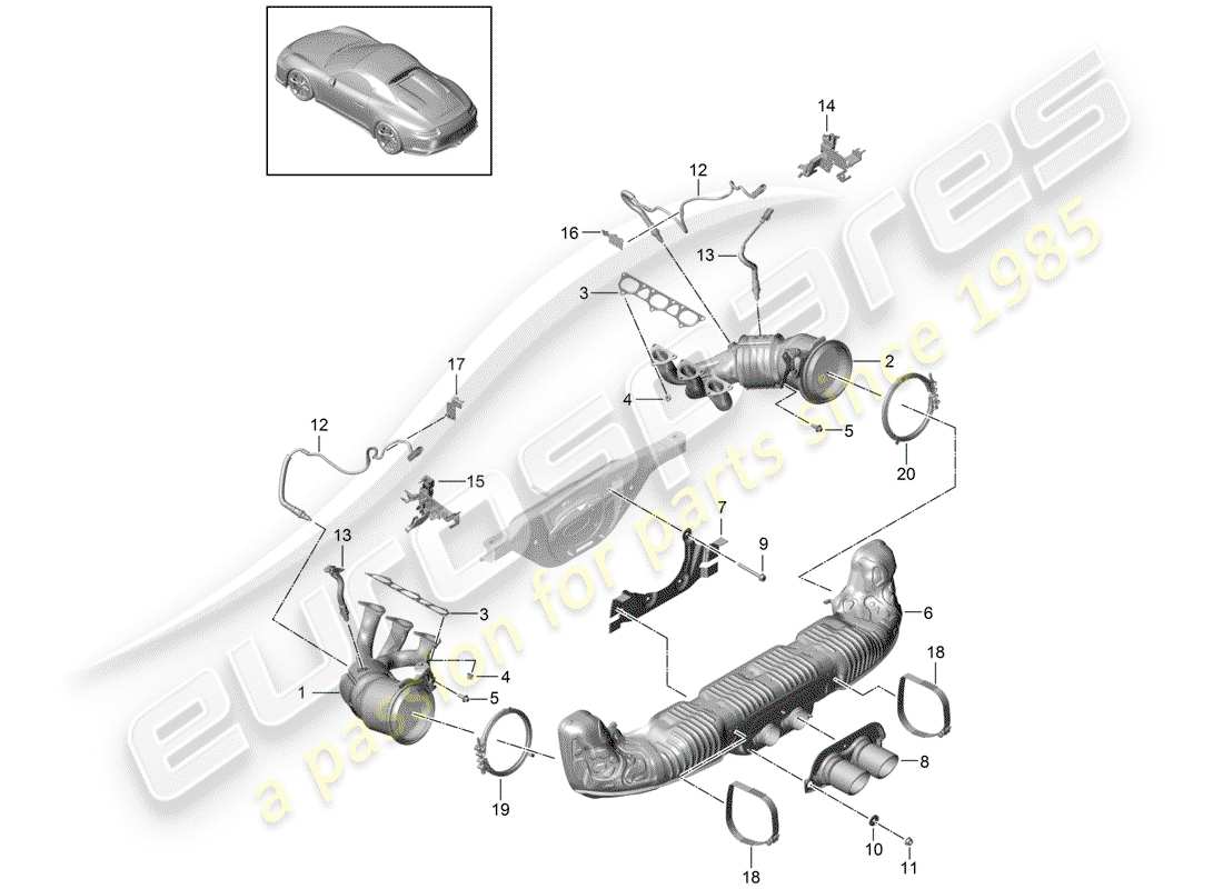 porsche 991r/gt3/rs (2016) exhaust system parts diagram