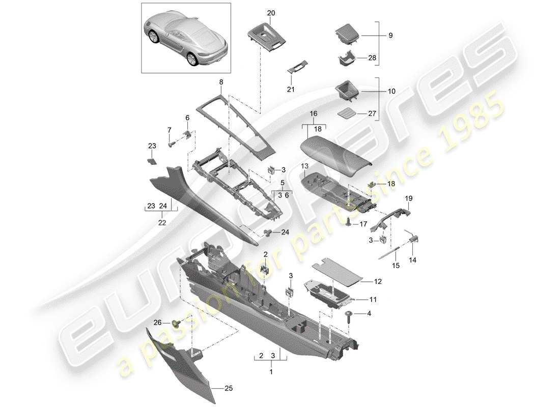 porsche 718 cayman (2020) center console part diagram