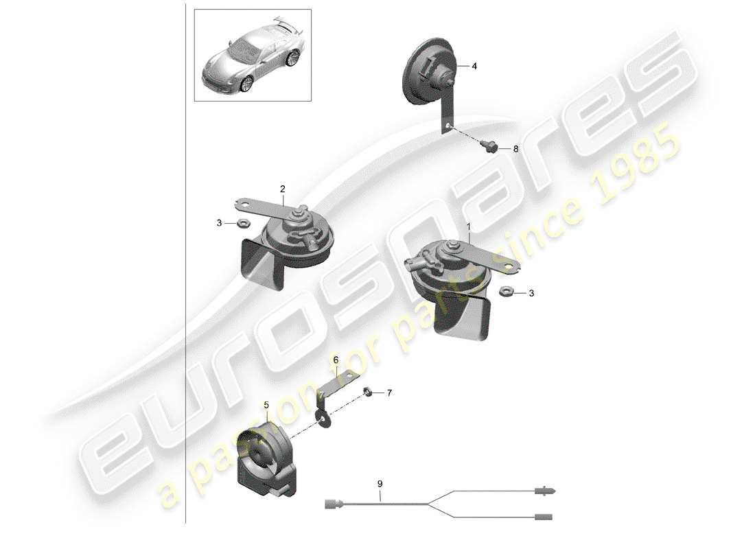 porsche 991r/gt3/rs (2016) fanfare horn parts diagram