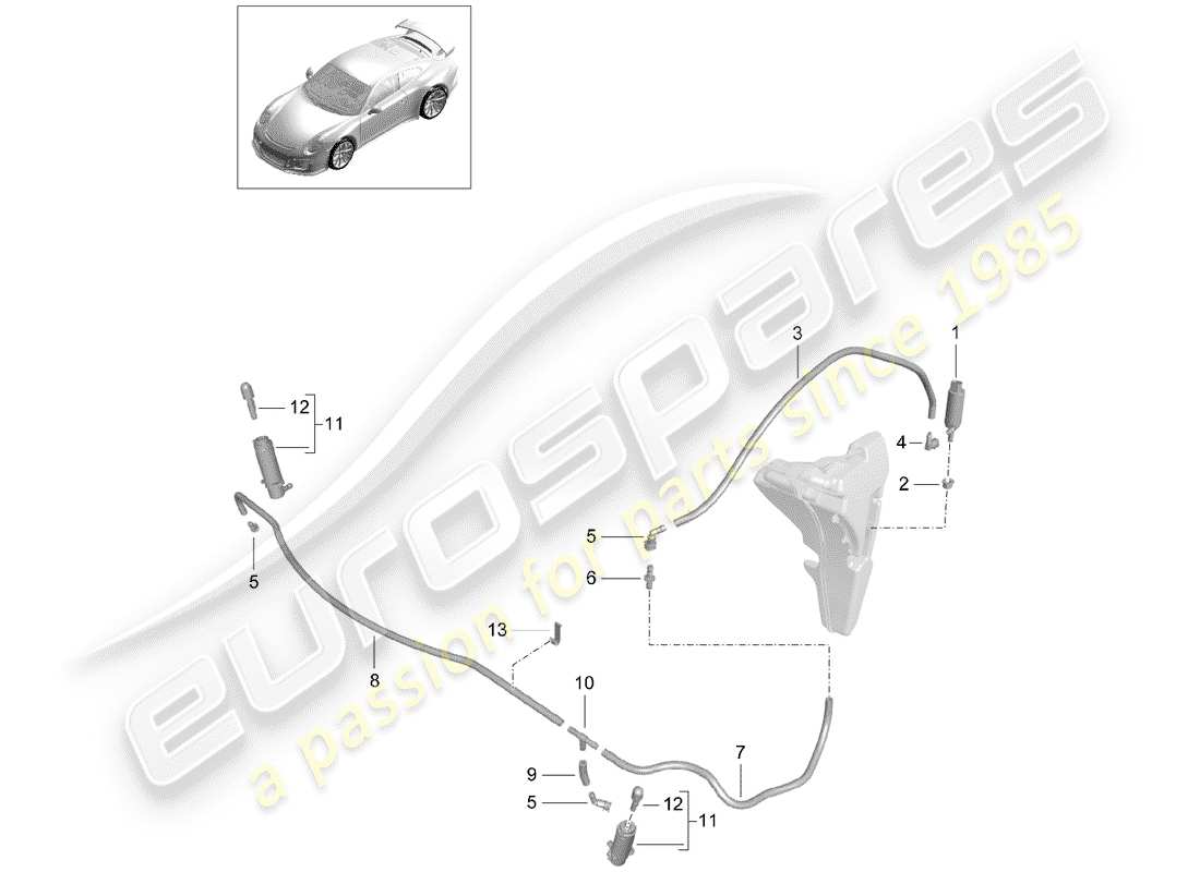 porsche 991r/gt3/rs (2015) headlight washer system parts diagram