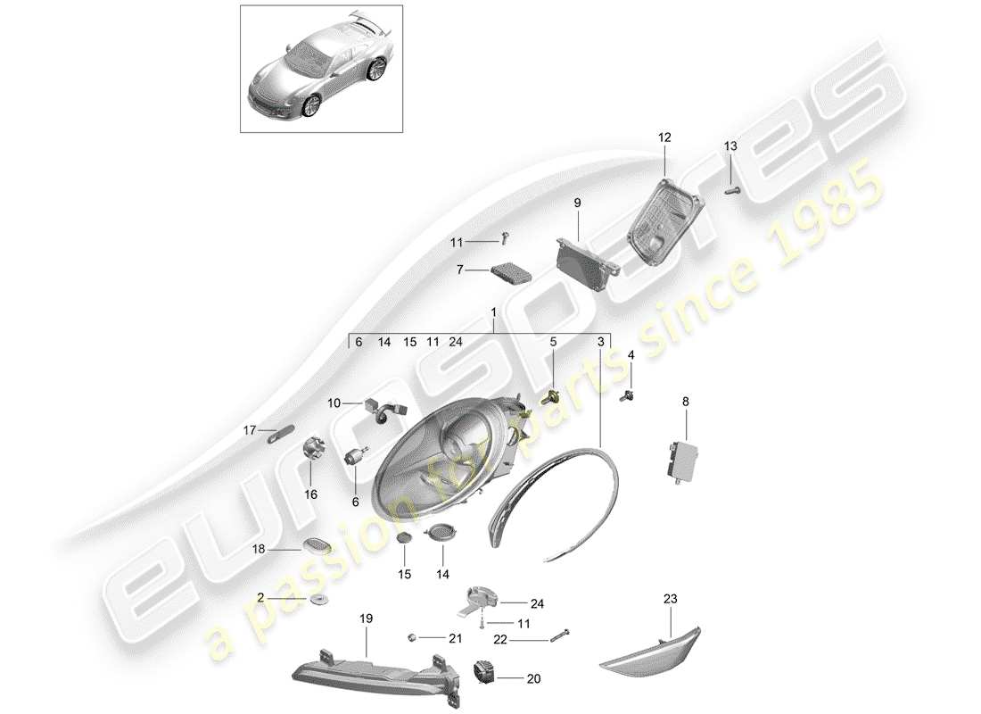 porsche 991r/gt3/rs (2019) headlamp part diagram