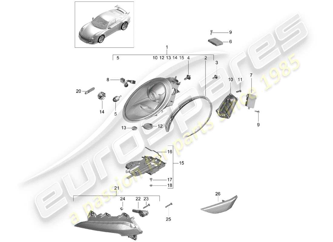 porsche 991r/gt3/rs (2019) headlamp parts diagram