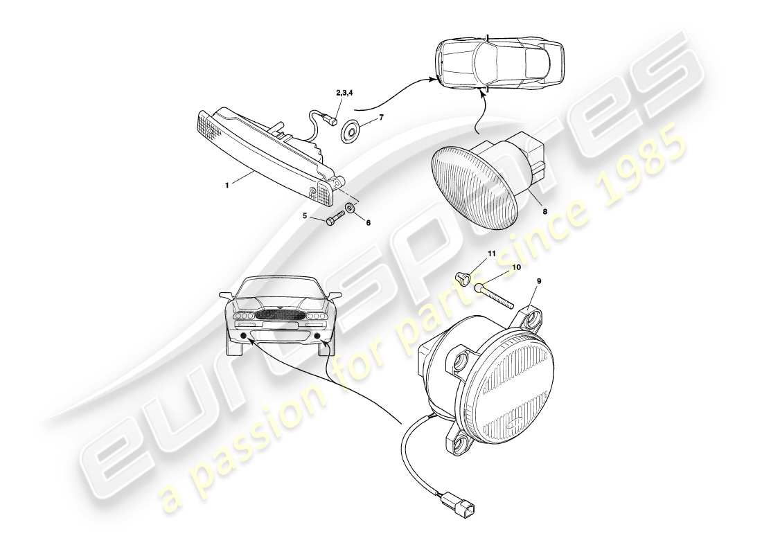 aston martin v8 coupe (1999) exterior lamps part diagram