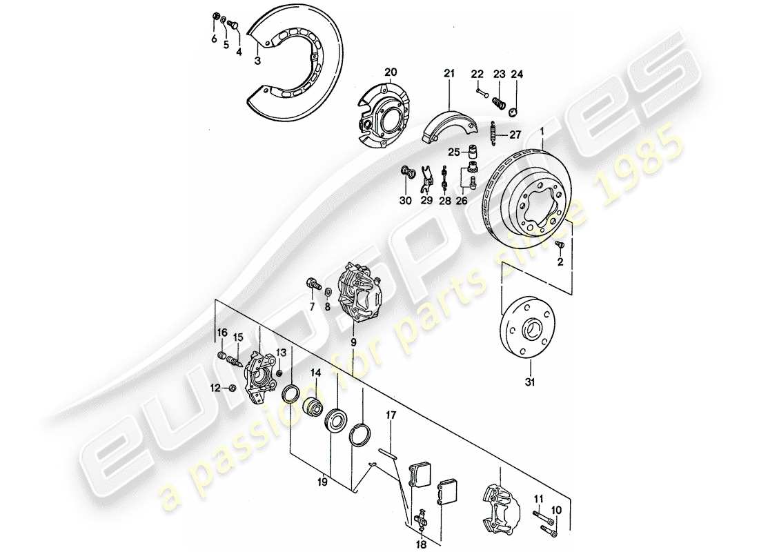 porsche 911 (1977) disc brakes - handbrake part diagram