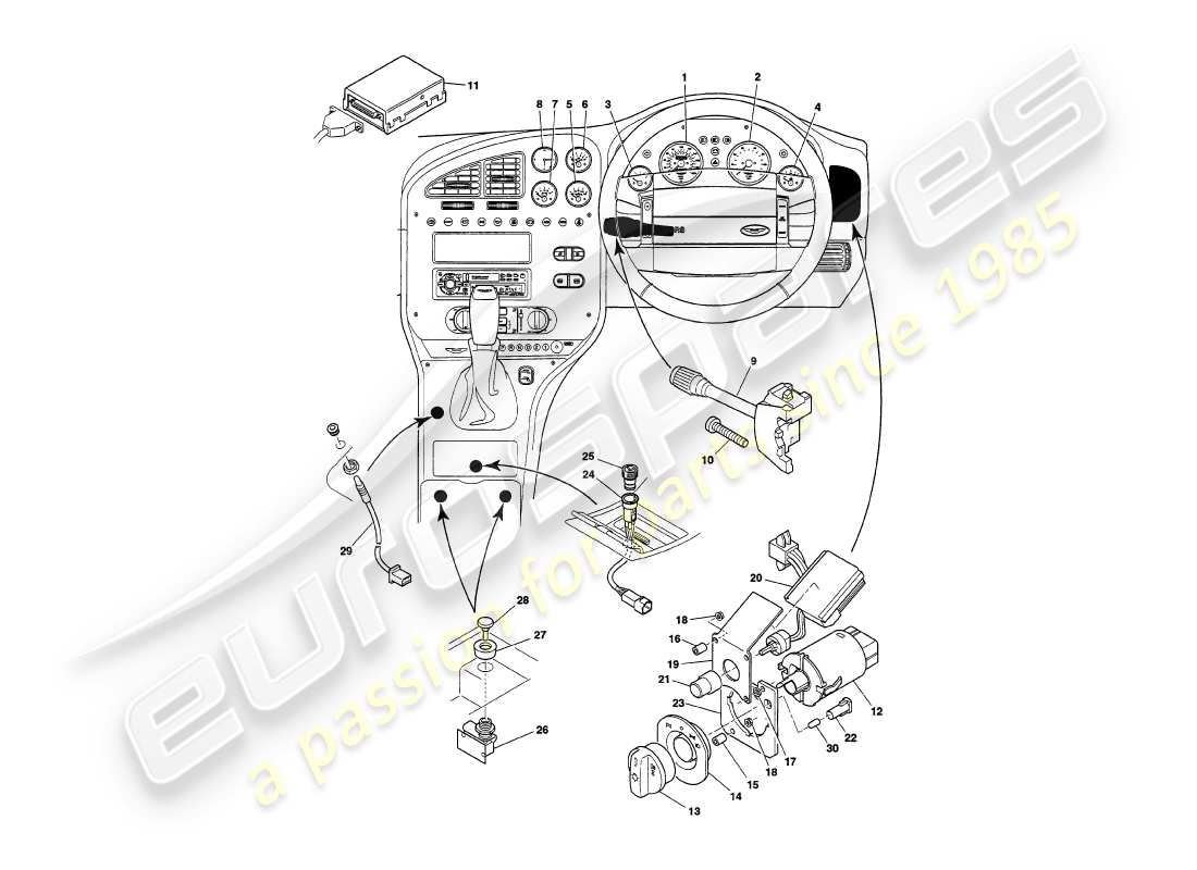 aston martin v8 volante (1998) instruments & controls part diagram