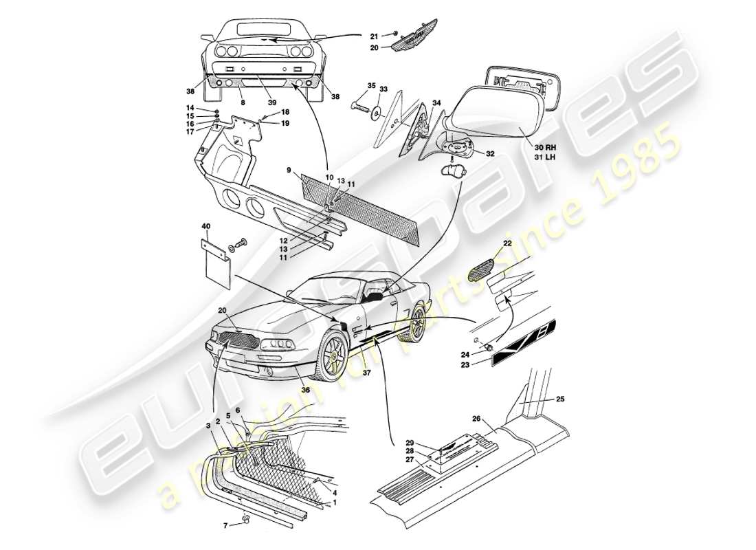 aston martin v8 volante (1998) body fittings part diagram