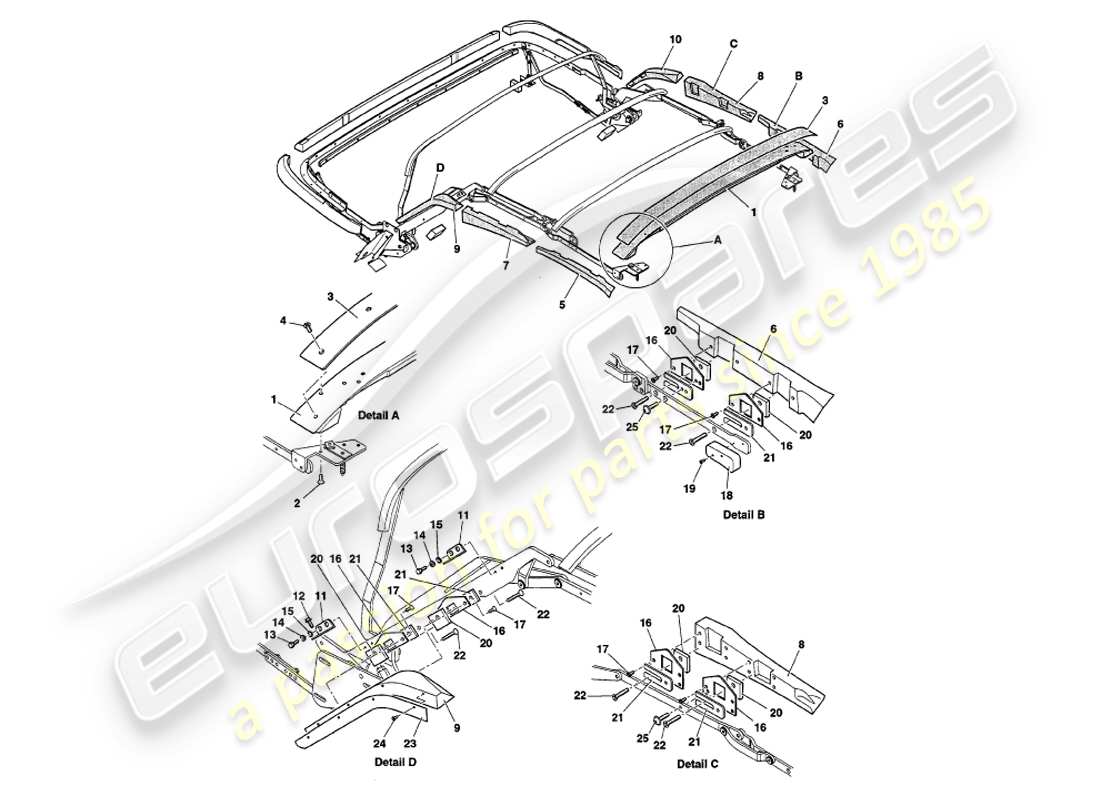 aston martin v8 volante (1998) hood frame woods part diagram