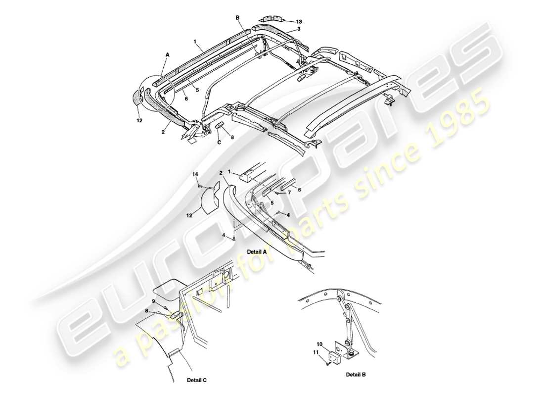 aston martin v8 volante (1998) hood frame woods part diagram