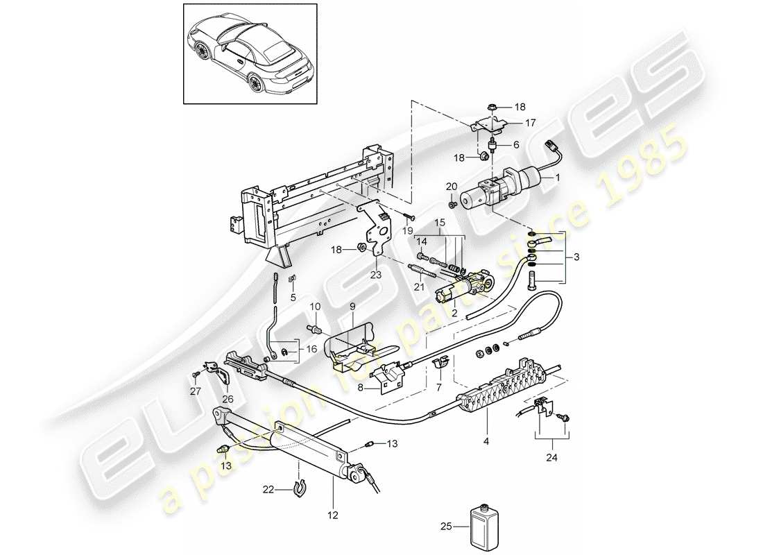 porsche 997 t/gt2 (2009) convertible top parts diagram