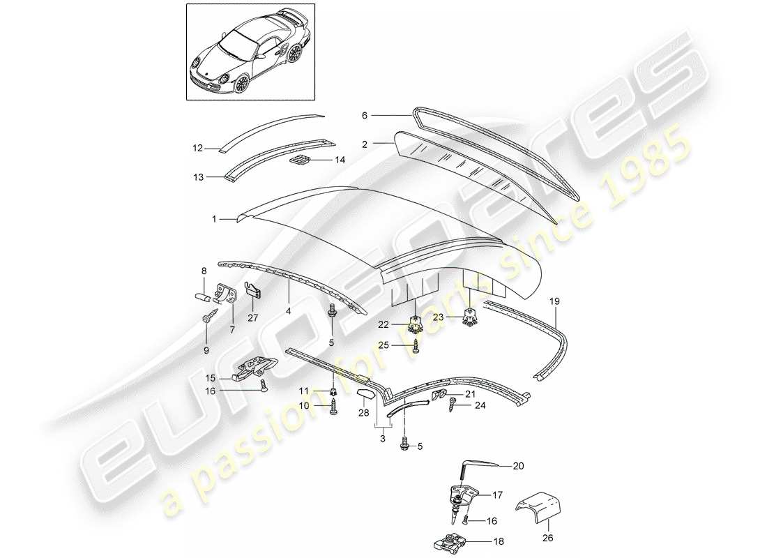 porsche 997 t/gt2 (2009) hardtop parts diagram