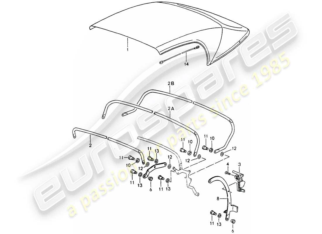 porsche 964 (1991) convertible top covering - top frame - single parts part diagram