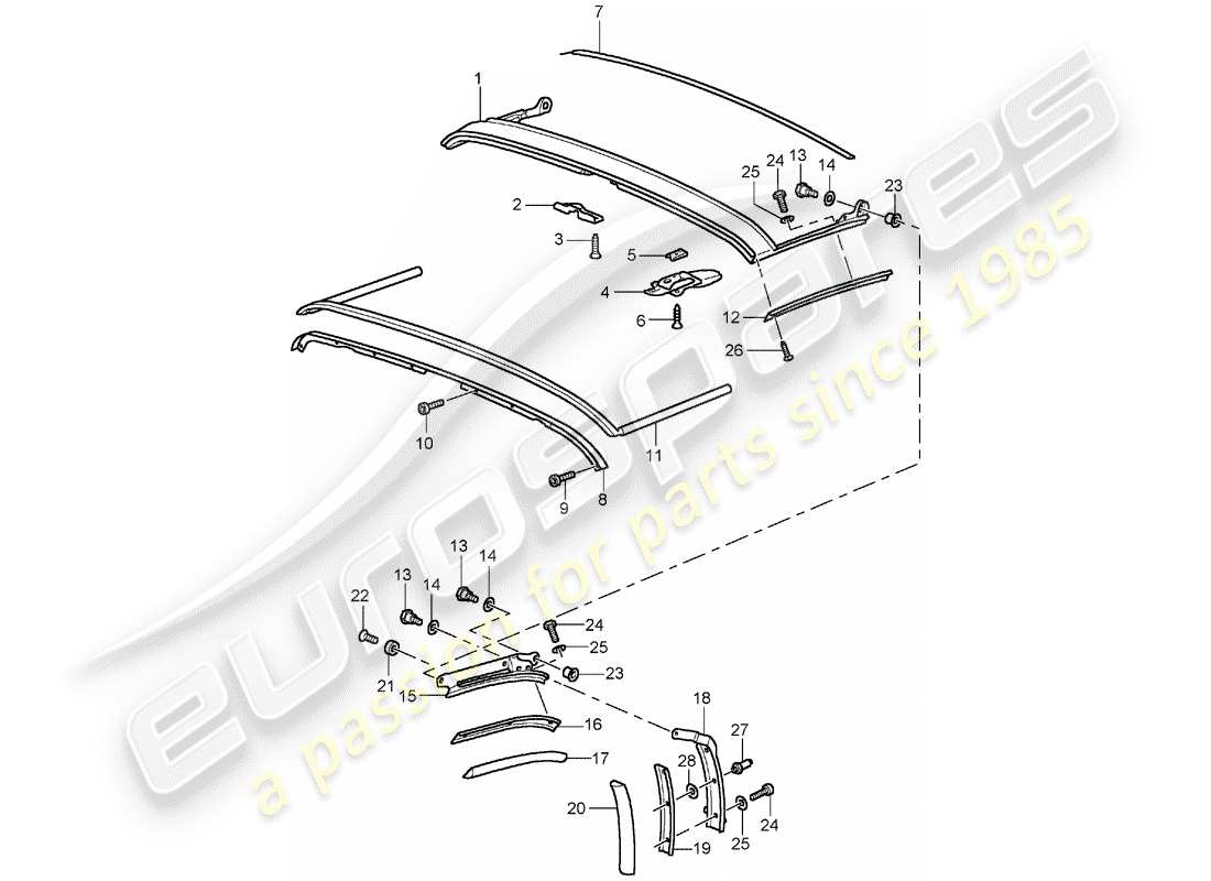 porsche 964 (1990) folding top - seal strip - roof frame parts diagram