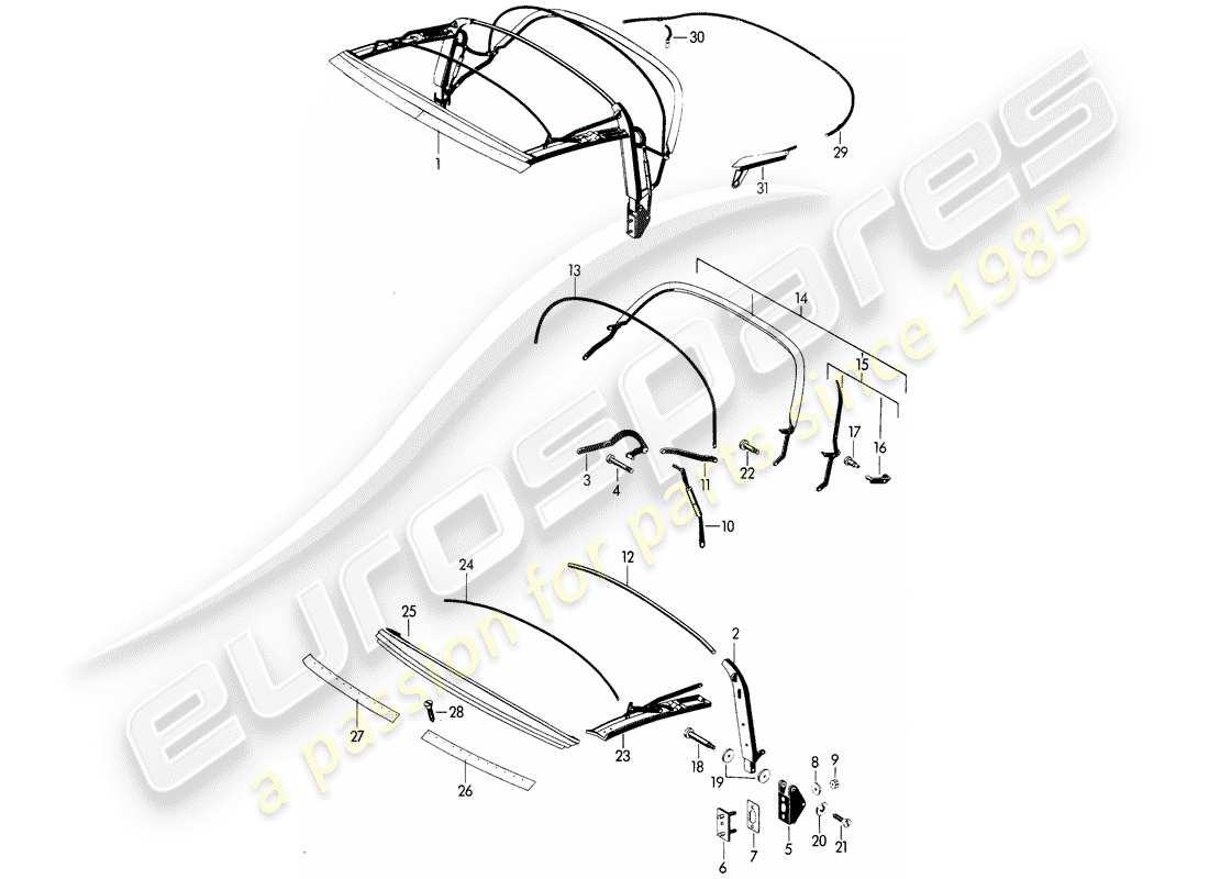 porsche 356b/356c (1961) top frame part diagram