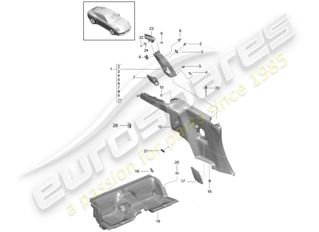 porsche 991 gen. 2 (2019) quarter trim panel part diagram