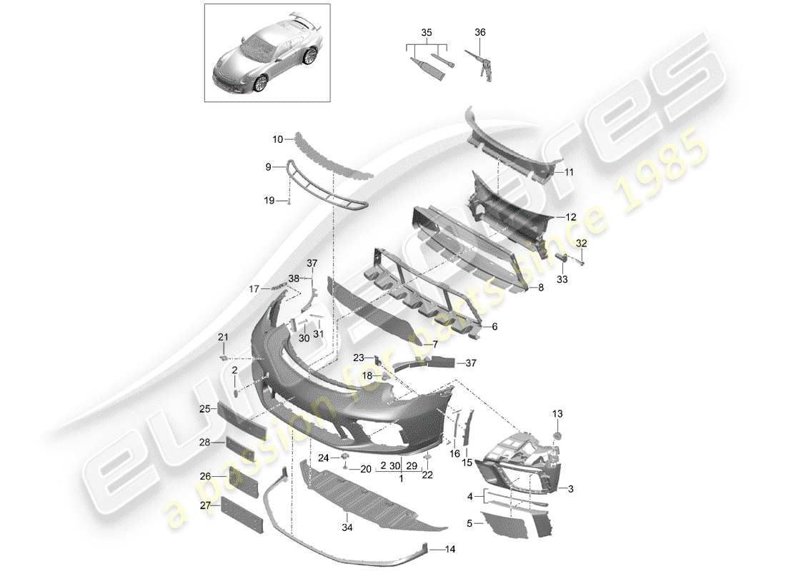 porsche 991r/gt3/rs (2020) bumper parts diagram